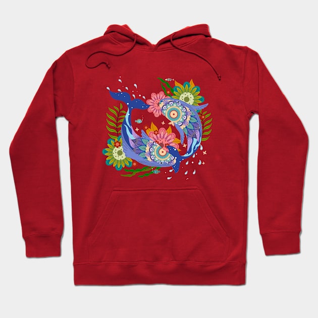 Two Whales Playing Together Hand Drawn Hoodie by Mako Design 